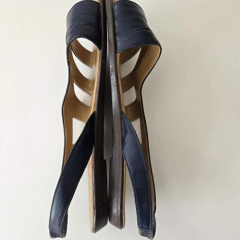 Vtg 90s Basic Editions Sandal Womens 11 Strappy‎ Navy Blue Faux Leather Flats